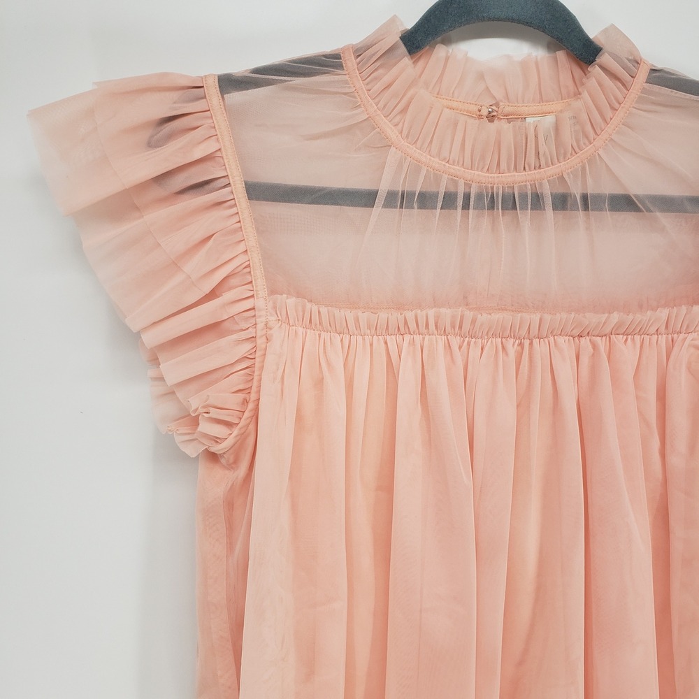 Joie Ruffle Tulle Mesh Blouse Women Medium Peach Pink Sheer Pleated Flutter Top - Picture 4 of 8